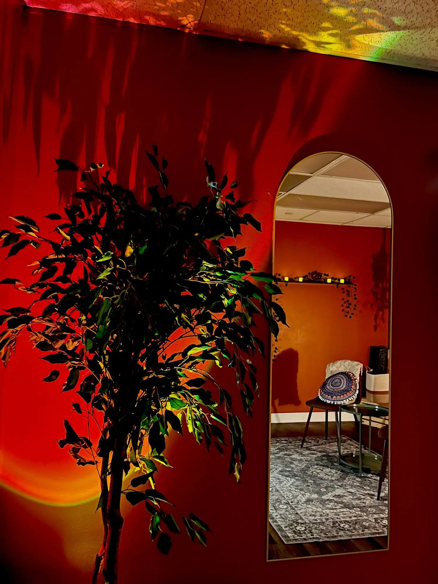 A red treatment room with a potted tree and a tall arched mirror