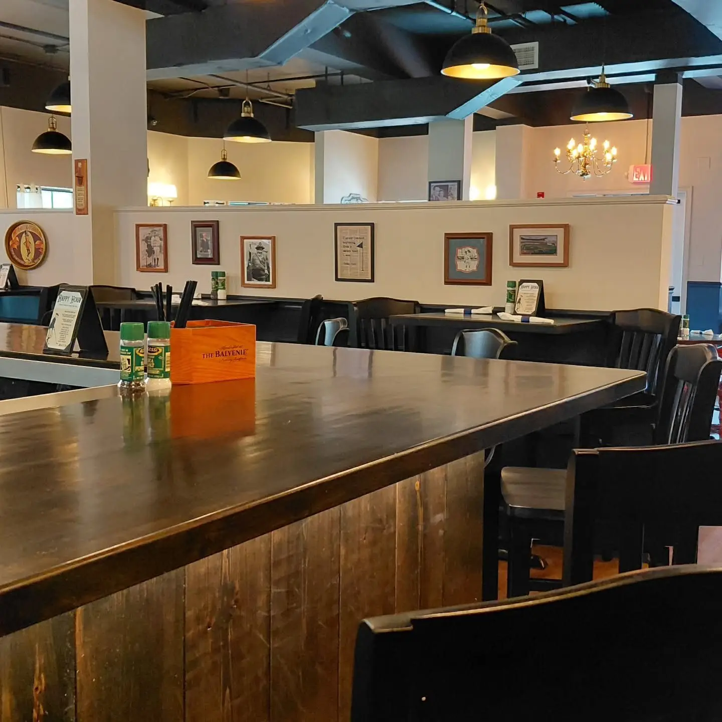The wood-topped bar looking out over the dining room