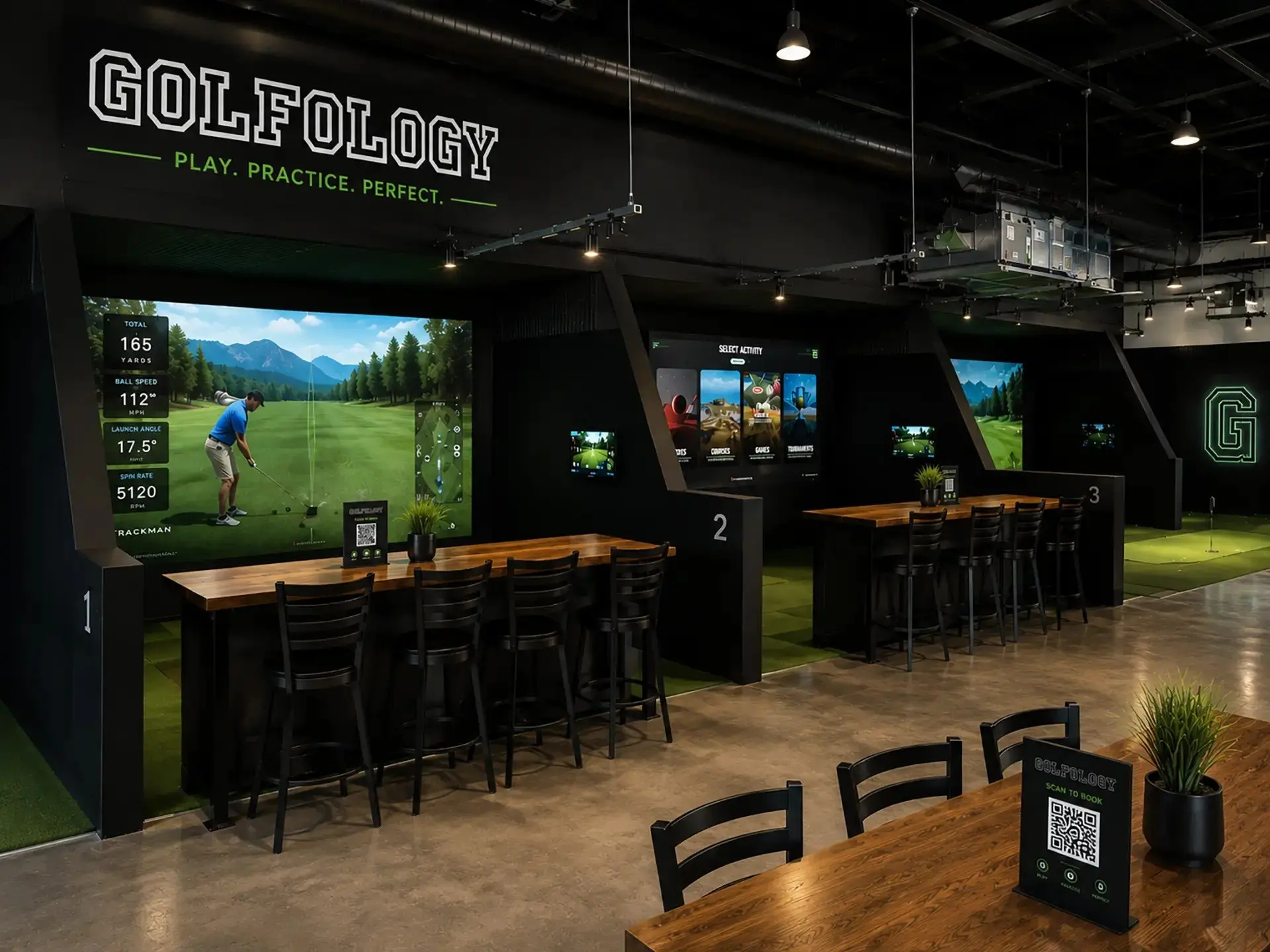 Golfology simulator bays with big screens, high-top counters and lounge seating